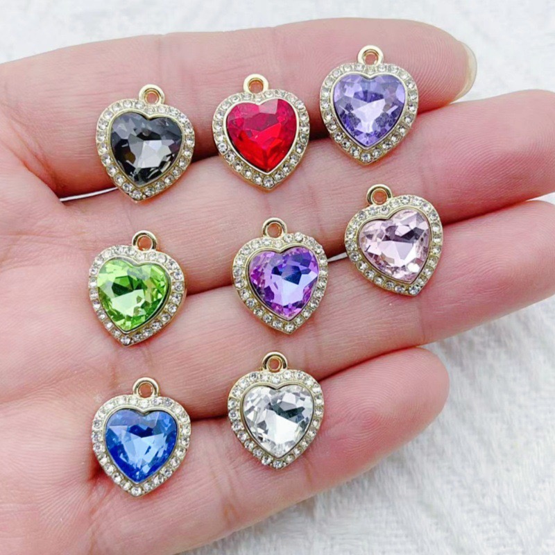 Jewelry Making Brass - 10pcs heart-shaped inlaid colorful gemstone pendant,