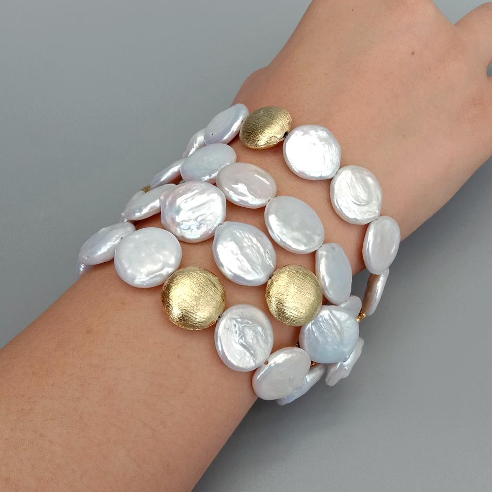 Toggle Clasp Gold - YYGEM Natural 4Strands Cultured White Coin